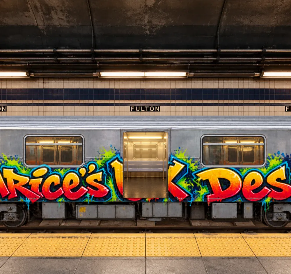 The “Maurice’s UX Design” subway car stopped at Fulton Street with its doors open